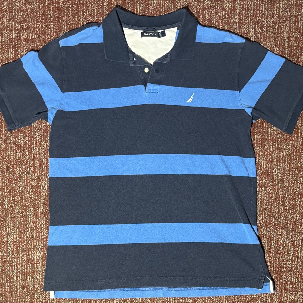 Nautica Blue Polo Shirt rugby style short sleeve casual coastal preppy shirt L